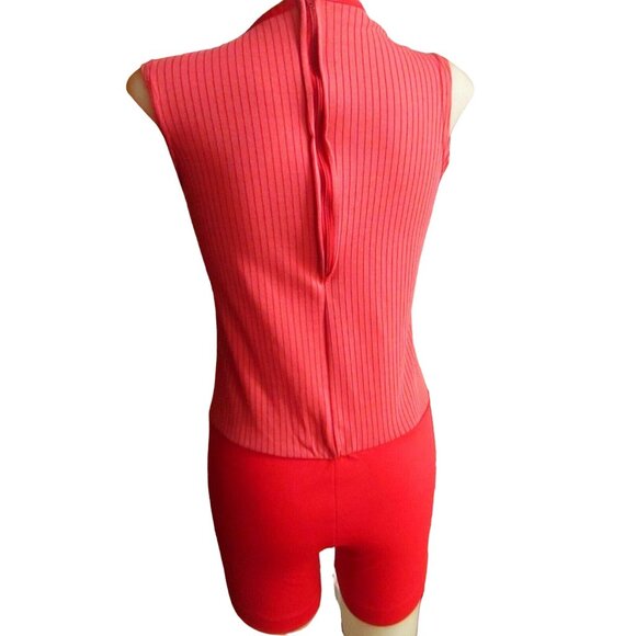 XS Vintage 1970s Red Sleeveless Ribbed Nylon/Polyester One-Piece Romper - Picture 2 of 6
